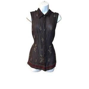 NY & CO Brown See-Through Shirt with Embroidered Flowers
